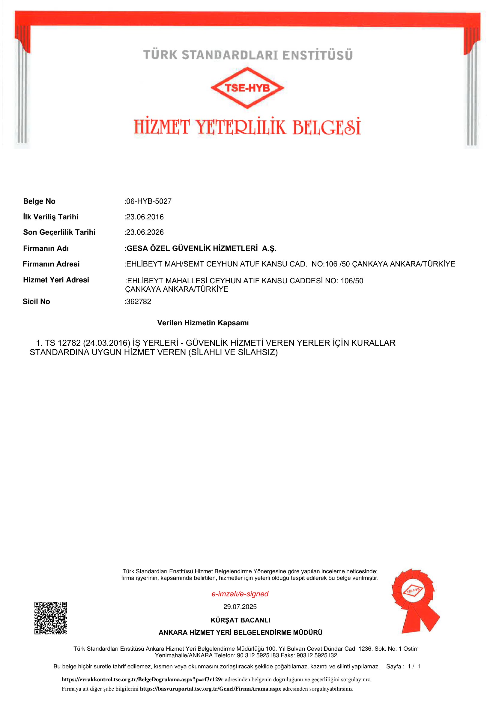 Hizmet Yeterlilik Belgesi
